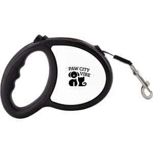 A retractable lead in black with a grip handle. It features a logo on the side.