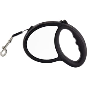 A retractable dog lead in black, featuring a curved handle and metal clip for attachment. It has a logo on the side.