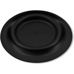 A black pet bowl with a rounded shape and raised edge, featuring a smooth surface. Includes a logo.