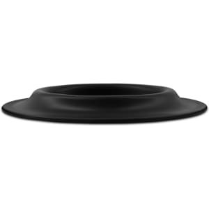 A black pet bowl with a shallow, wide design. It features a smooth finish and has a logo.