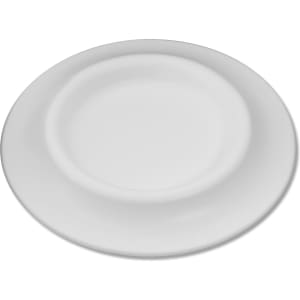 A white, round plate with a smooth surface and a slightly raised rim, featuring a simple design.