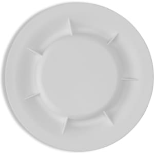 A white pet bowl featuring a raised rim and four notches for stability. It has a simple, smooth design.
