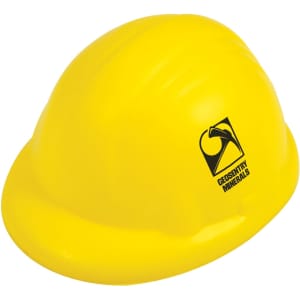 A yellow hard hat stress reliever with a black logo. Suitable for stress relief and fun.