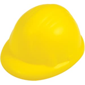 A yellow hard hat stress reliever with a smooth surface and rounded shape. It features a branding logo.