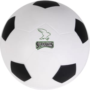 A soccer ball stress reliever in white and black, featuring a logo on the front.