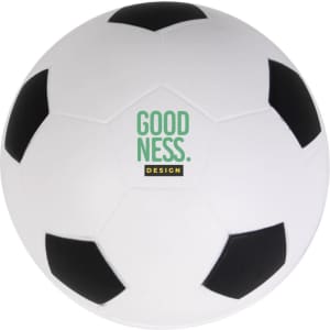 A white stress ball designed as a soccer ball, featuring black panels and a logo in green and black.