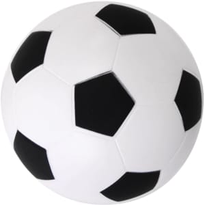 A white and black soccer ball stress reliever with a traditional hexagonal design and a logo.