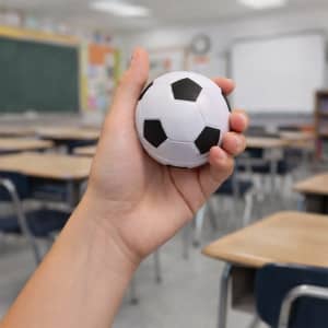 A hand holds a white and black soccer ball stress reliever in a classroom setting with desks and a chalkboard.