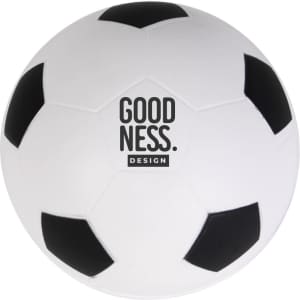 A white soccer ball stress reliever featuring black pentagon patches and a logo on one side.
