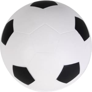 A white soccer ball stress reliever with black patches, featuring a smooth surface and one logo.