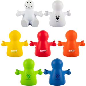 Smiley Phone Chair Stress Reliever in white, yellow, red, orange, green, and blue, featuring a logo on each.