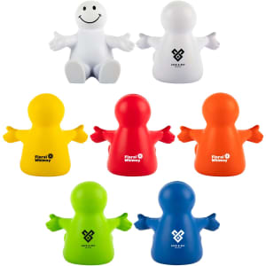 A set of smiling stress relief figurines in white, red, blue, orange, green, and yellow colours, featuring a logo.