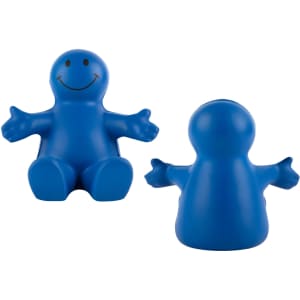 A blue stress reliever shaped like a smiling figure with outstretched arms, featuring a simple face and smooth finish.
