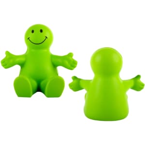 A green stress-relief figure designed like a smiling character, featuring outstretched arms and a rounded body.