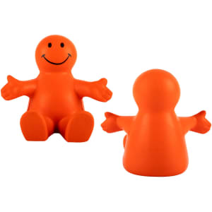 An orange stress reliever shaped like a smiling person, featuring outstretched arms for a fun design.