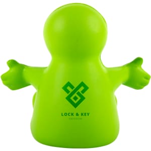 A green stress reliever in the shape of a smiling figure with outstretched arms and a logo on its back.