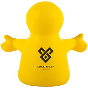 A yellow stress reliever in the shape of a fun character with outstretched arms, featuring a logo.