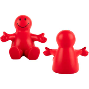 A red, smiling figure designed as a chair stress reliever, with arms outstretched to the sides.