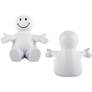 A white stress reliever shaped like a smiling figure, sitting with outstretched arms. Features a simple design and facial expression.