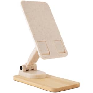 A phone stand in beige with a wooden base, featuring a sleek, adjustable design.