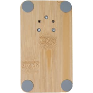 A bamboo phone stand with gray rubber feet and a smooth surface, featuring a minimalist design.