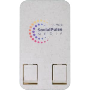 A white phone stand with a speckled texture, featuring a logo on the front and two slots for holding a phone.
