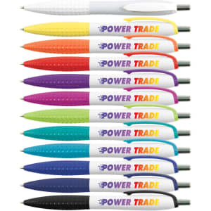 A selection of colourful pens in various shades, including white, purple, orange, blue, green, and black, with branding.