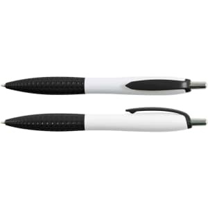 A plastic pen featuring a black and white design with a textured grip and a logo on the barrel.