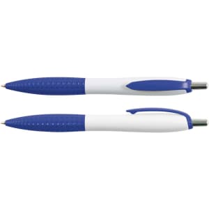 A set of Mac Pens in a blue and white color scheme, featuring a textured grip and a retractable design.