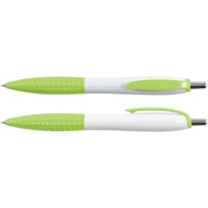 Two plastic pens named Mac Pen, featuring a white barrel with a green textured grip and clip, showcasing a sleek design.