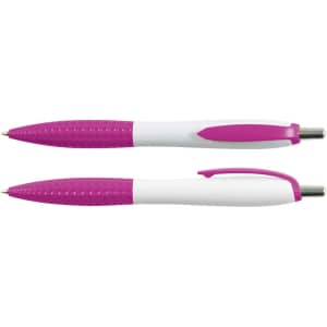 A set of plastic pens with a white and vibrant pink design, featuring a textured grip and a clip for convenience.