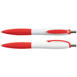 A set of two Mac Pens featuring a white body with a textured red grip and matching click mechanism.