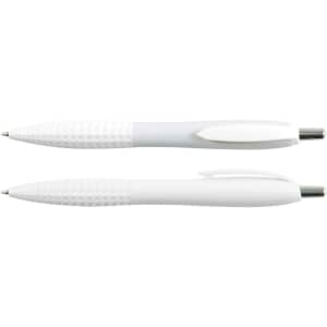 A set of two plastic pens, both featuring a sleek white design with textured grips and a retractable mechanism.