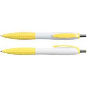 A writing product featuring two plastic pens in white and yellow colors, designed with a textured grip for comfort.