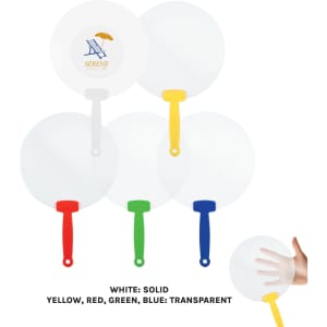 A set of handheld fans in various colours—white, yellow, red, green, and blue—with coloured handles.