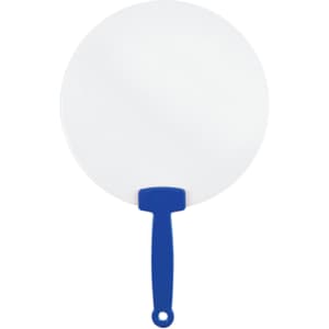 A round, white fan with a blue handle, featuring a simple design and a loop for hanging.