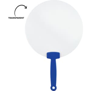 A round, transparent fan with a blue handle. The fan has a flat surface and is simple in design.