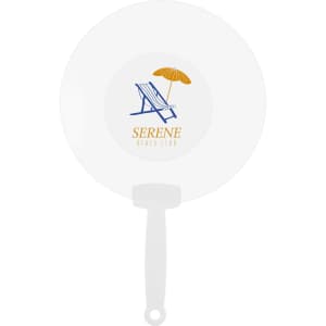 A white handheld fan featuring a graphic design of a deck chair and umbrella, with a logo in the centre.