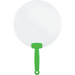 A round, white fan with a green handle, featuring a simple design. The fan has a solid circular surface.