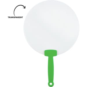 A round, transparent fan with a green handle, ideal for keeping cool. Features a simple design.