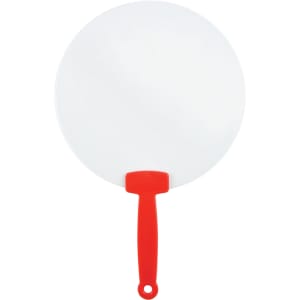 A round fan with a white blade and a red handle, featuring a sleek design and a loop for hanging.