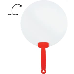 A circular, transparent fan with a red handle, featuring a logo on the handle.