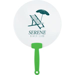 A fan featuring a round white paddle with a green handle and a beach-themed graphic.