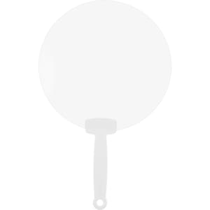 A round, clear plastic fan with a white handle and a hole for easy carrying.