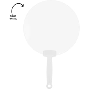 A solid white hand-held fan with a round shape and a sturdy handle. It features a logo on the handle.