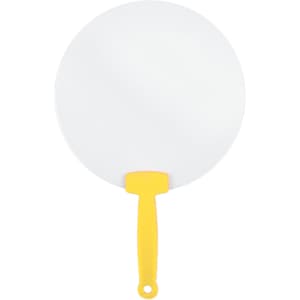 A round fan with a white surface and a yellow handle, featuring a hole for hanging.