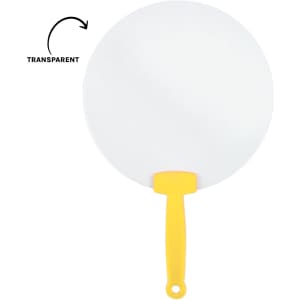 A round, transparent fan with a yellow handle, featuring a simple design and lightweight construction.