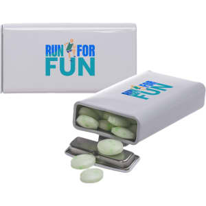 A flip-top tin containing green spearmint mints, with a logo on the container.