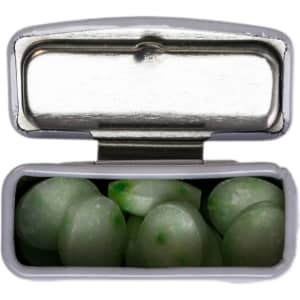 A flip-top tin containing spearmint candies, showcasing green mint pieces inside. The tin has a silver finish.
