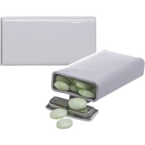 A flip-top tin containing spearmint mints, featuring a sleek white exterior and mint-green candies inside.